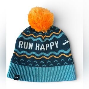 Brooks Knit Pom Pom Beanie Hat Fleece Lined Winter Running Teal Blue Run Happy